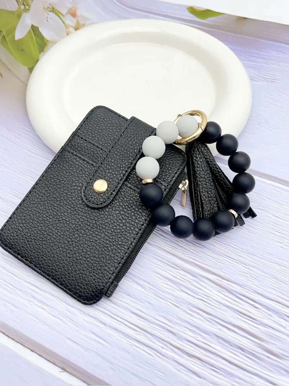 Black Wristlet Card Holder Keychain with Matte Black & White Bead Bracelet